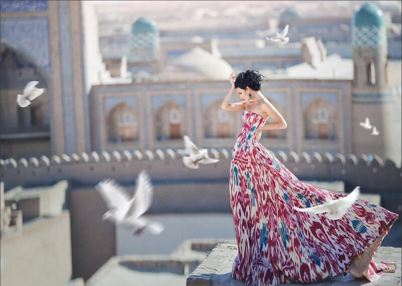 Woman in Patterned Dress — Red, Serene, Afternoon, Photograph