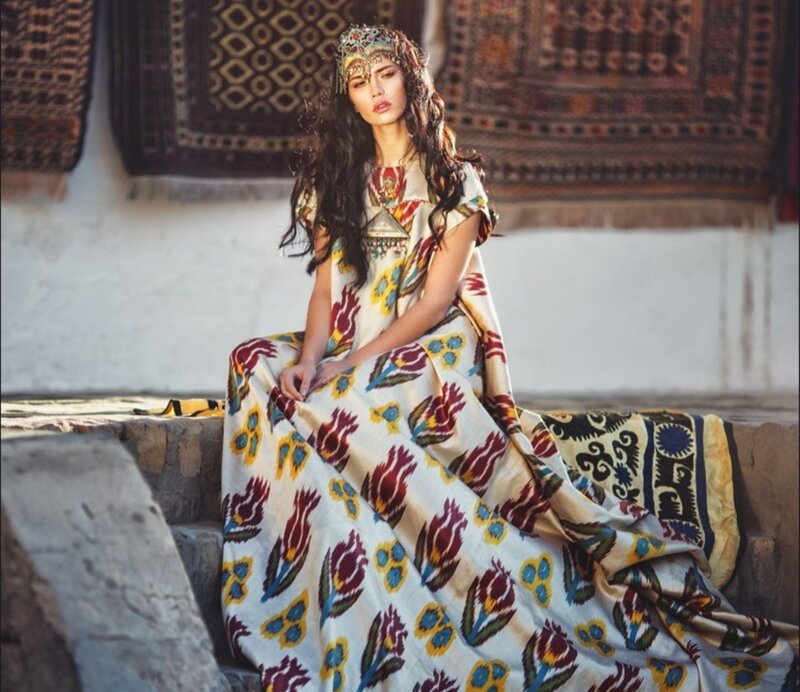 Woman in Patterned Dress — White, Dramatic, Afternoon
