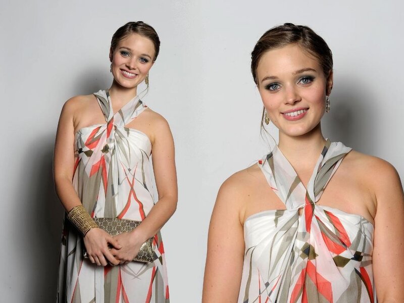 Woman in Patterned Dress — White, Neutral, Photograph, Clutch Bag