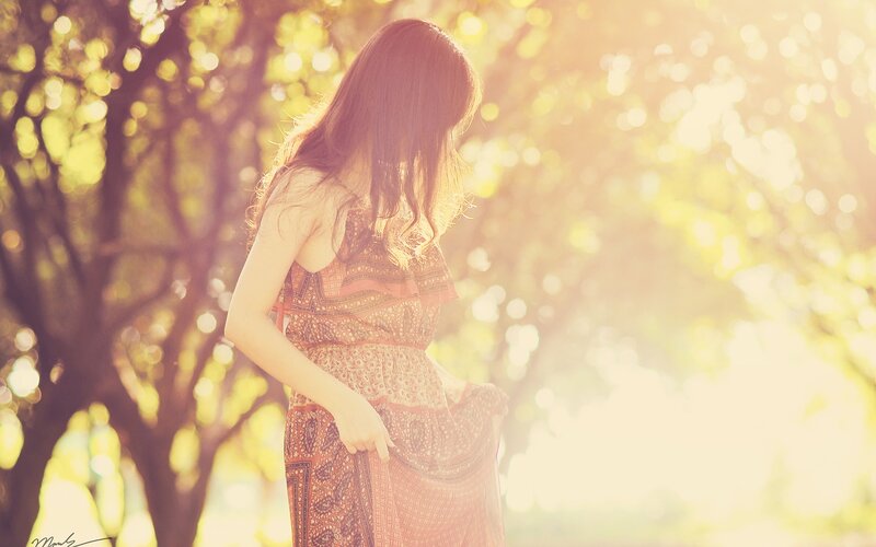 Woman in Patterned Dress — Yellow, Serene, Sunset