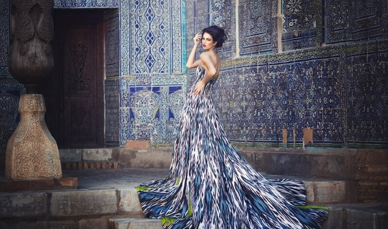 Woman in Patterned Gown — Blue
