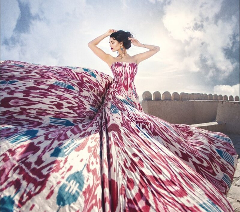 Woman in Patterned Gown — Red, Dramatic