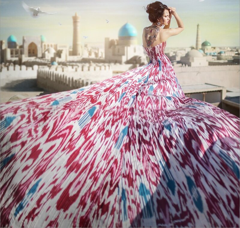 Woman in Patterned Gown — Red
