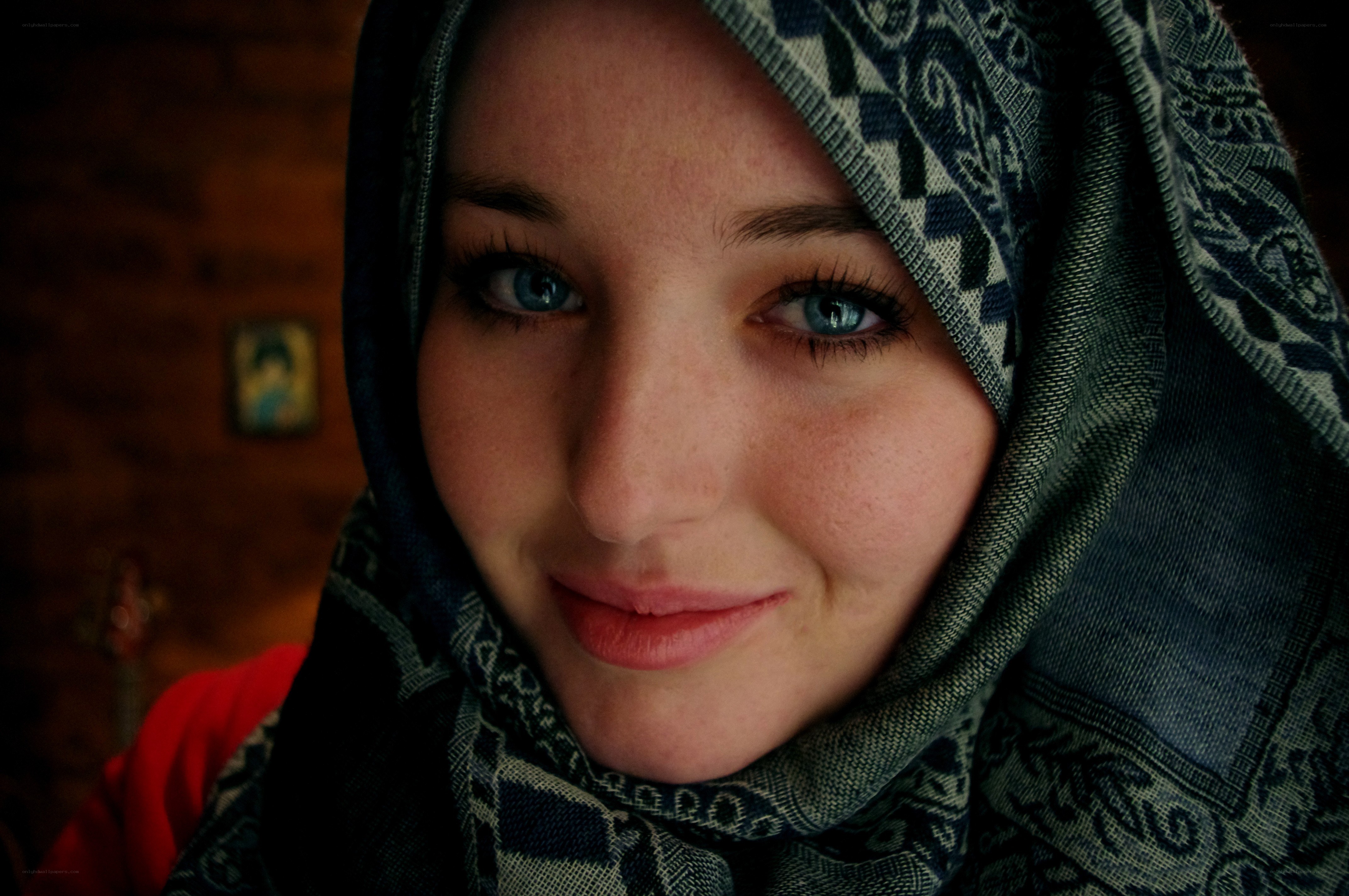 woman in patterned headscarf