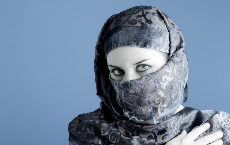 Woman in Patterned Headscarf — Blue