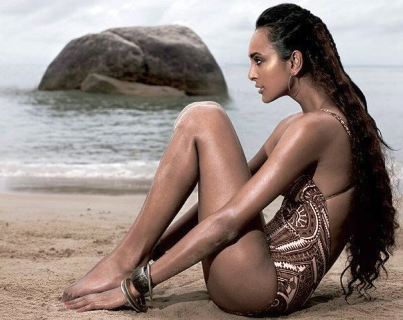 Woman in Patterned Swimsuit — Brown