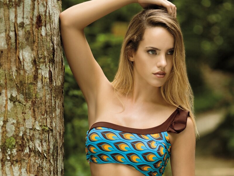 Woman in Patterned Top — Blue, Natural