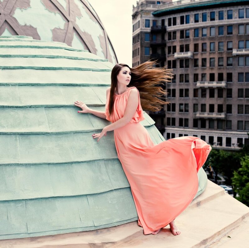 Woman in Peach Dress — Dramatic, Afternoon