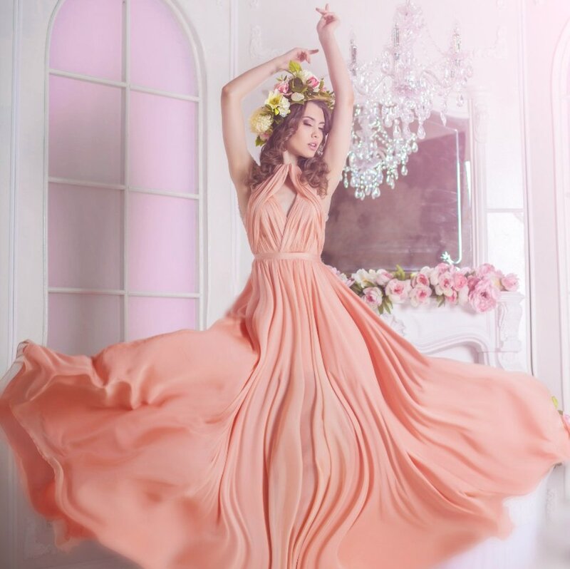 Woman in Peach Dress — Elegant, Photograph