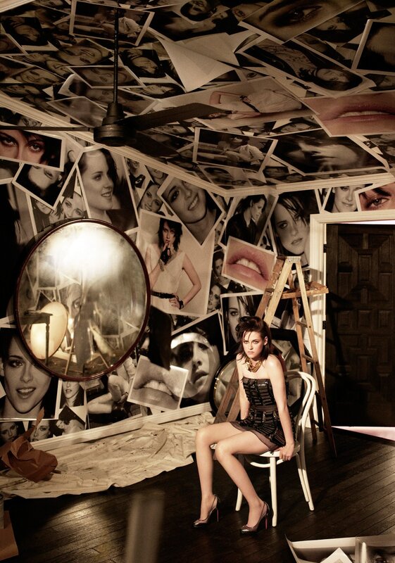 woman in photo-covered room