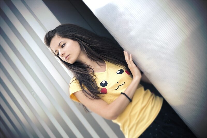 woman in pikachu shirt