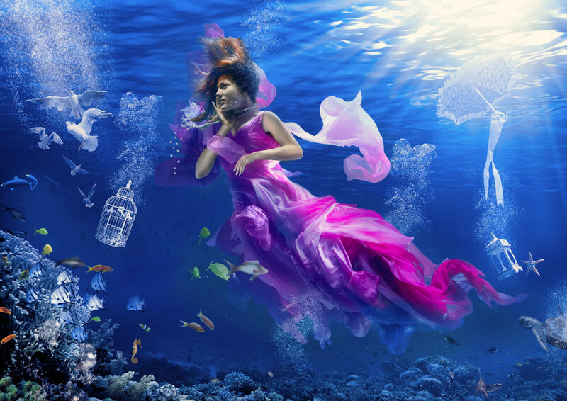 Woman in Pink Dress — Blue, Serene, Digital Art