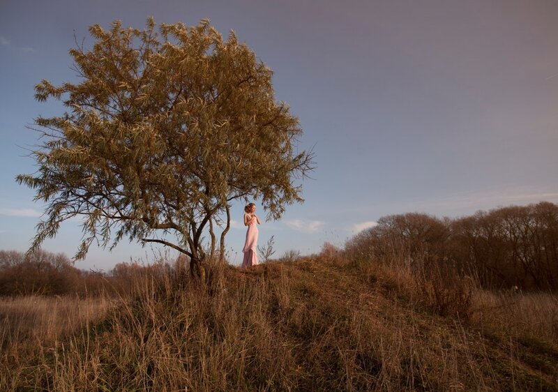 Woman in Pink Dress — Brown, Serene, Sunset