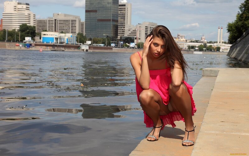 Woman in Pink Dress — Calm, Afternoon, Photograph, River