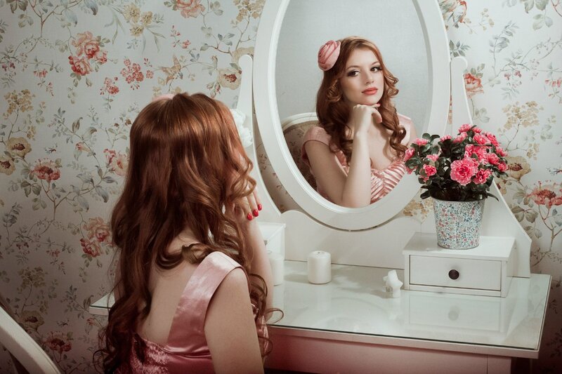 Woman in Pink Dress — Calm, Photograph, Mirror