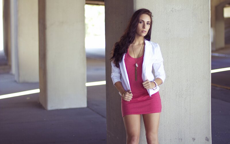 Woman in Pink Dress — Confident, Afternoon, Photograph, Concrete Pillar