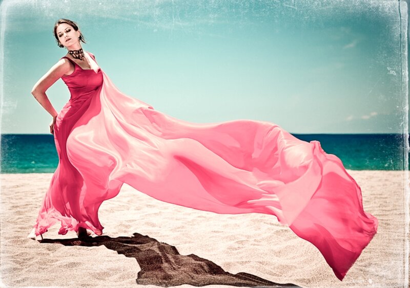 Woman in Pink Dress — Dramatic, Afternoon, Photograph, Beach