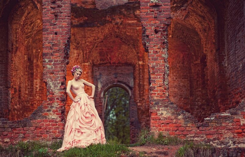 Woman in Pink Dress — Dramatic, Afternoon, Photograph, Brick Ruins