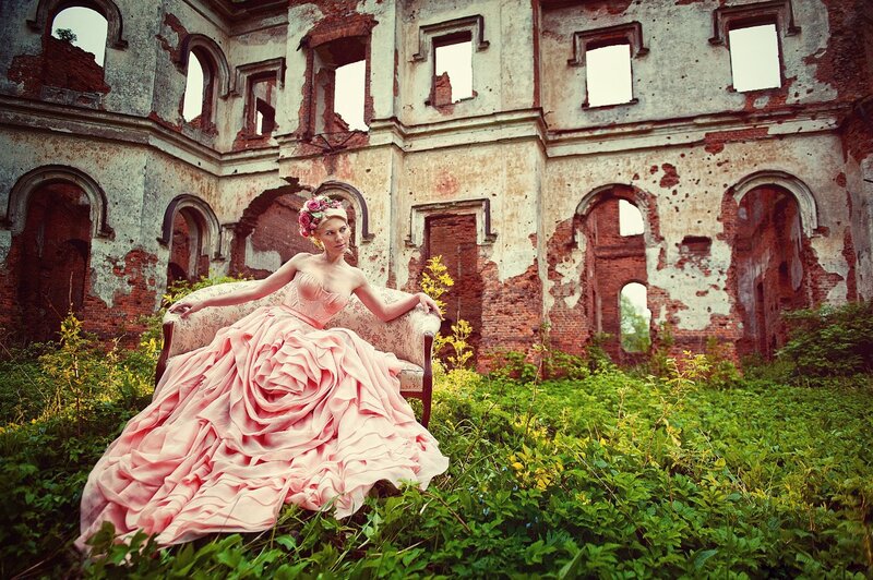 Woman in Pink Dress — Dramatic, Afternoon, Photograph, Ruins