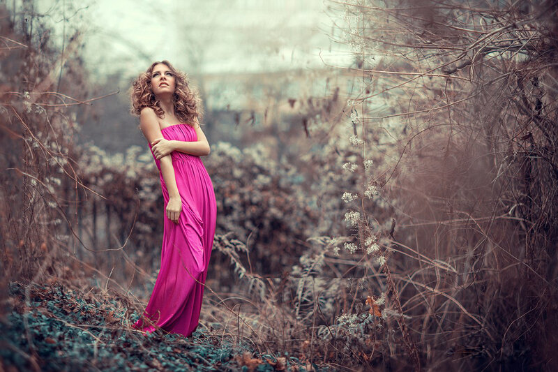 Woman in Pink Dress — Dramatic, Autumn, Photograph, Forest
