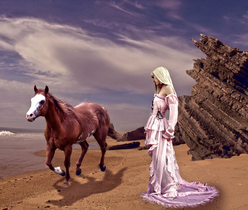 Woman in Pink Dress — Dramatic, Digital Art, Horse