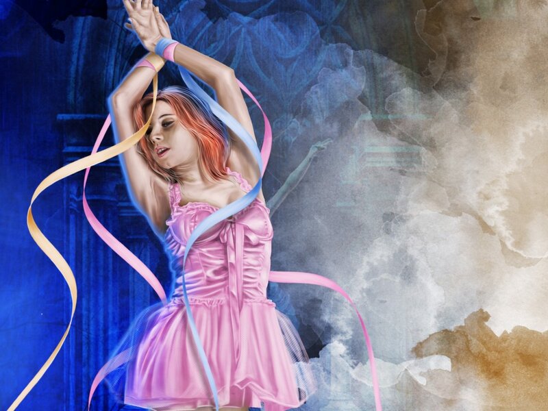 Woman in Pink Dress — Dramatic, Digital Art, Ribbons