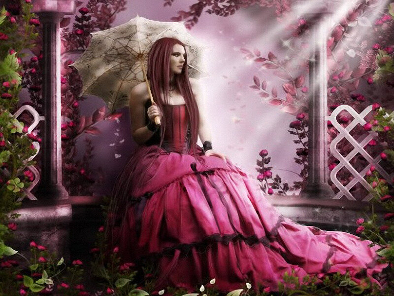 Woman in Pink Dress — Dramatic, Digital Art, Umbrella