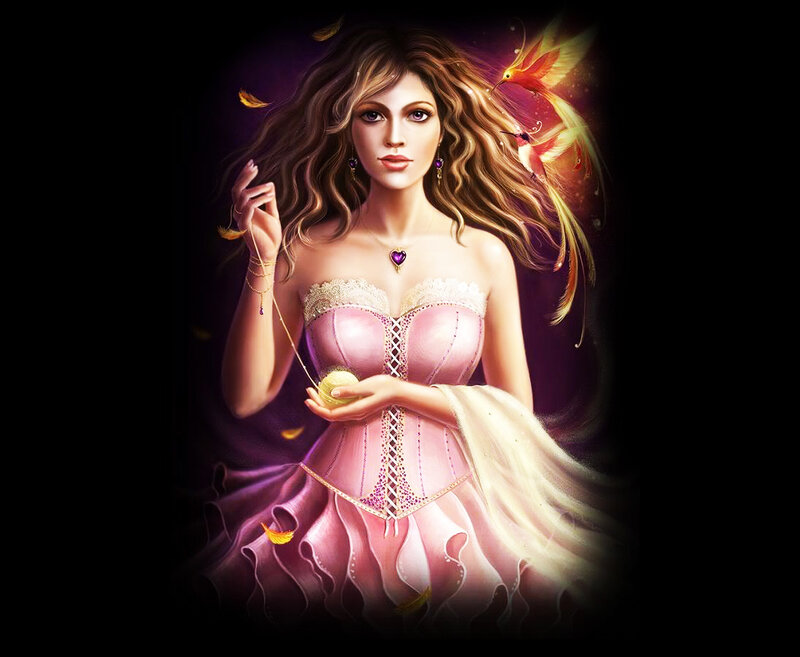 Woman in Pink Dress — Dramatic, Night, Digital Art, Bird