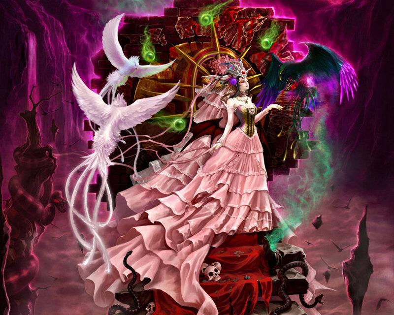 Woman in Pink Dress — Dramatic, Night, Digital Art, Birds