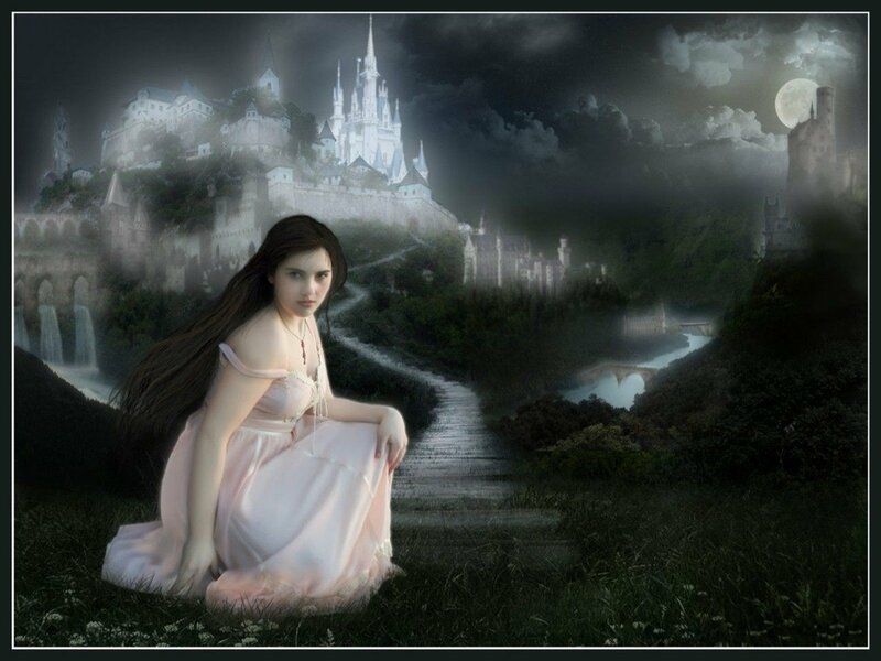 Woman in Pink Dress — Dramatic, Night, Digital Art, Castle, Moon, Path