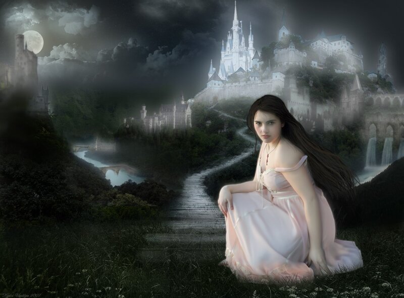 Woman in Pink Dress — Dramatic, Night, Digital Art, Castle, Moon