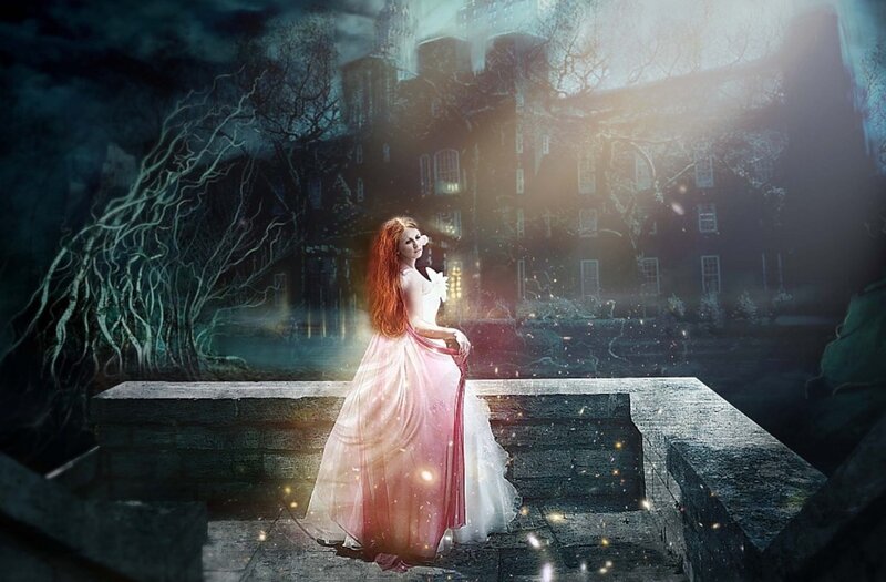 Woman in Pink Dress — Dramatic, Night, Digital Art, Castle
