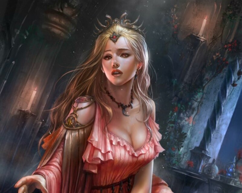 Woman in Pink Dress — Dramatic, Night, Digital Art, Crown