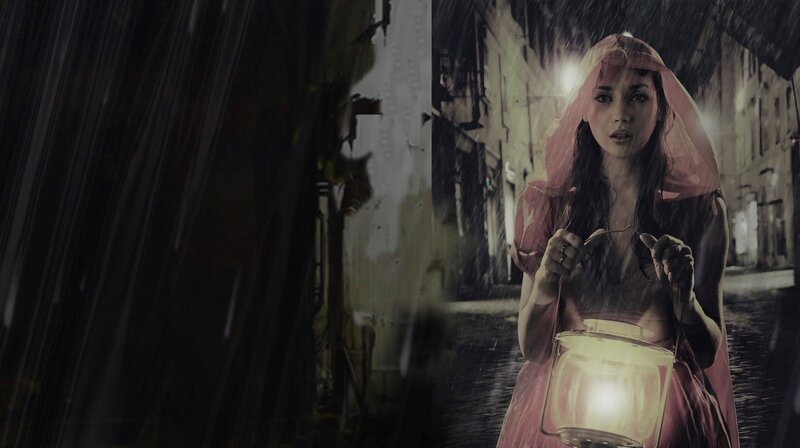 Woman in Pink Dress — Dramatic, Night, Digital Art, Lantern, Rain