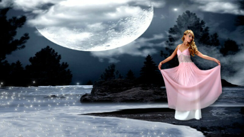 Woman in Pink Dress — Dramatic, Night, Digital Art, Moon, Trees