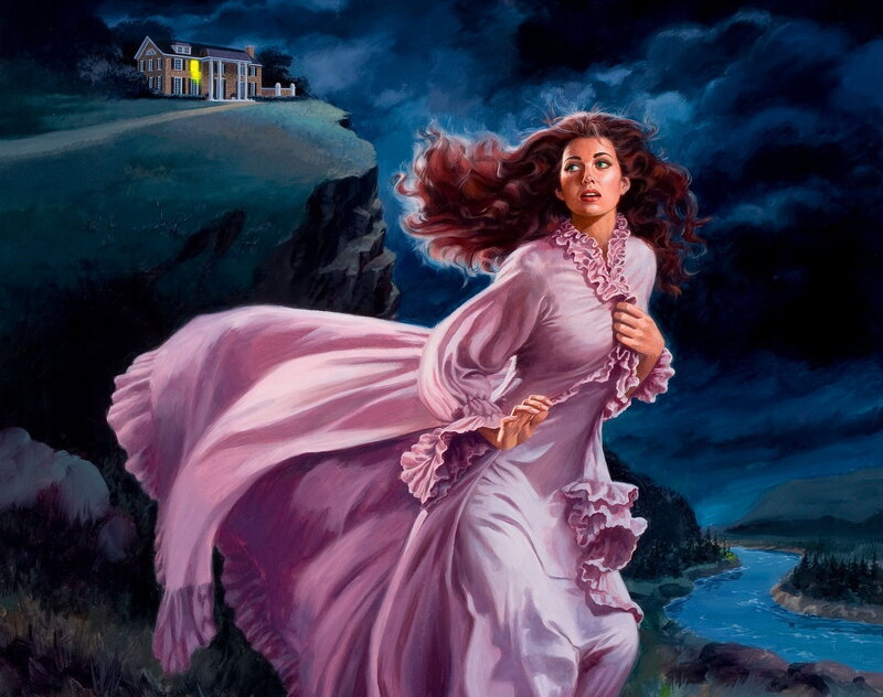 Woman in Pink Dress — Dramatic, Night, Painting