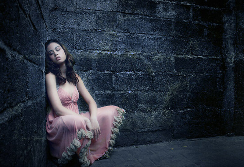 Woman in Pink Dress — Dramatic, Night, Photograph, Brick Wall