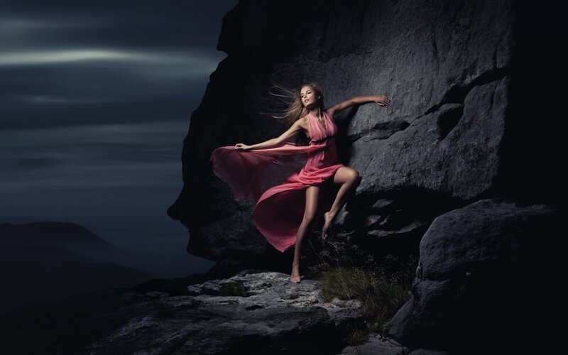 Woman in Pink Dress — Dramatic, Night, Photograph, Rock