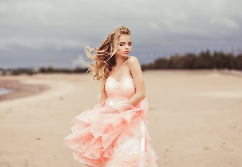 Woman in Pink Dress — Dramatic, Photograph, Beach