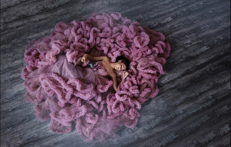Woman in Pink Dress — Dramatic, Photograph, Floor