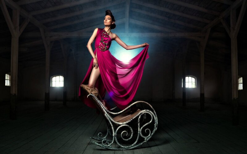 Woman in Pink Dress — Dramatic, Photograph, Rocking Chair