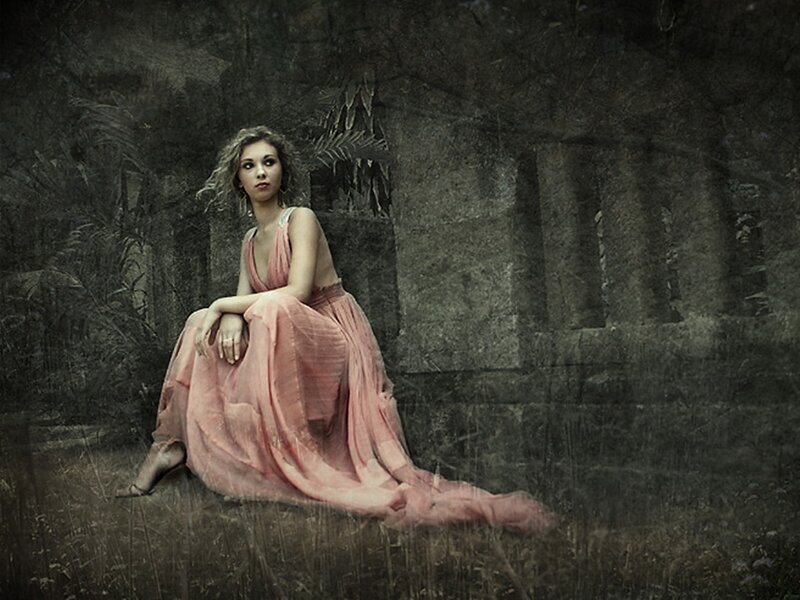Woman in Pink Dress — Dramatic, Photograph, Ruins