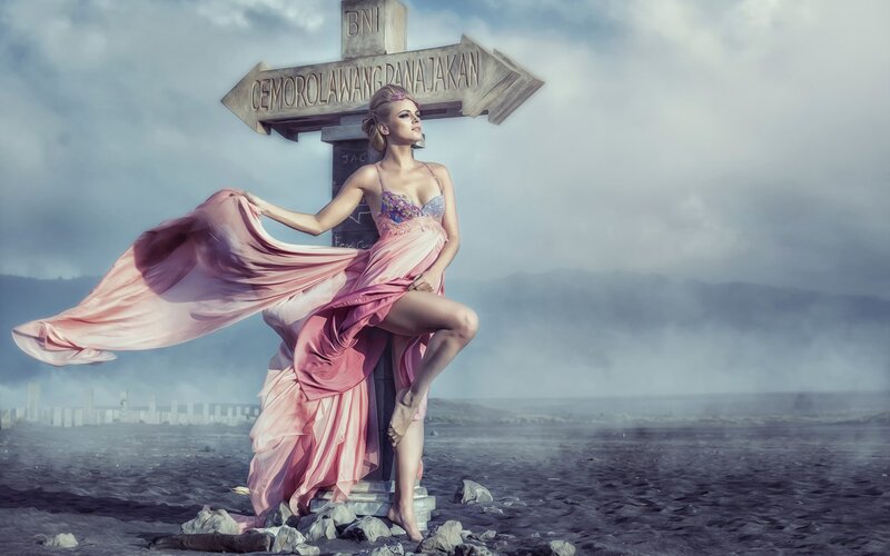 Woman in Pink Dress — Dramatic, Photograph, Signpost
