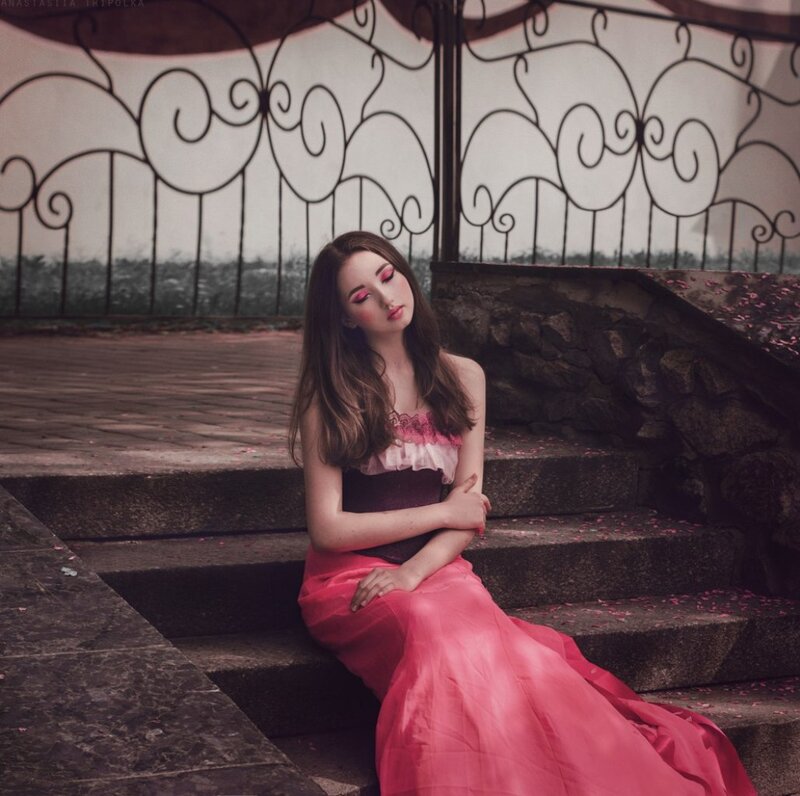 Woman in Pink Dress — Dramatic, Photograph, Stairs