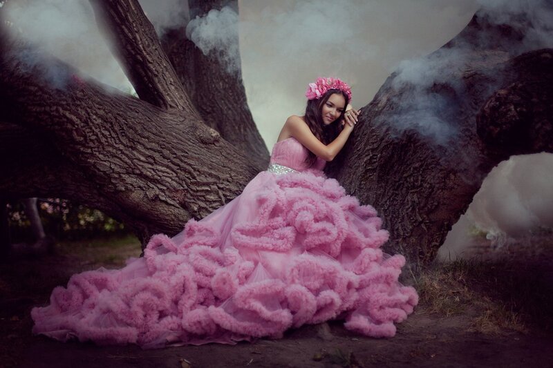 Woman in Pink Dress — Dramatic, Photograph, Tree, Smoke