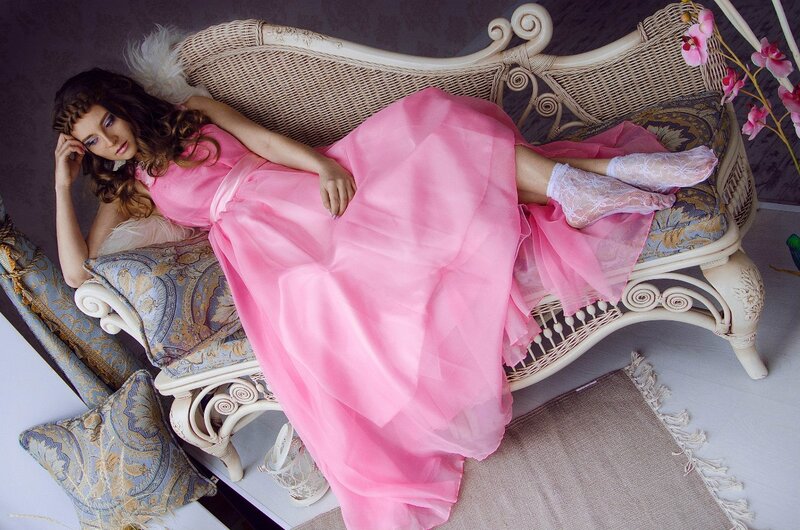 Woman in Pink Dress — Dramatic, Photograph, Wicker Bench