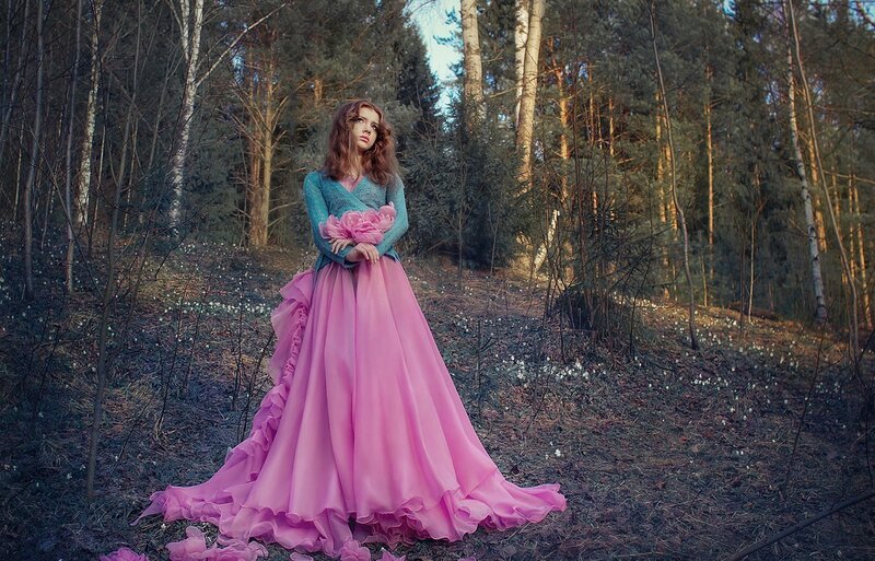 Woman in Pink Dress — Dramatic, Spring, Photograph, Forest, Flowers