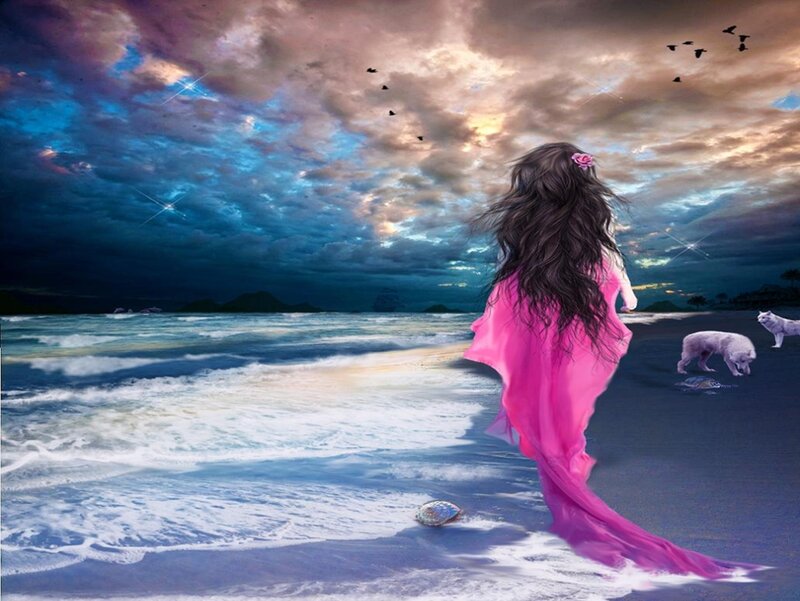 Woman in Pink Dress — Dramatic, Sunset, Digital Art, Birds