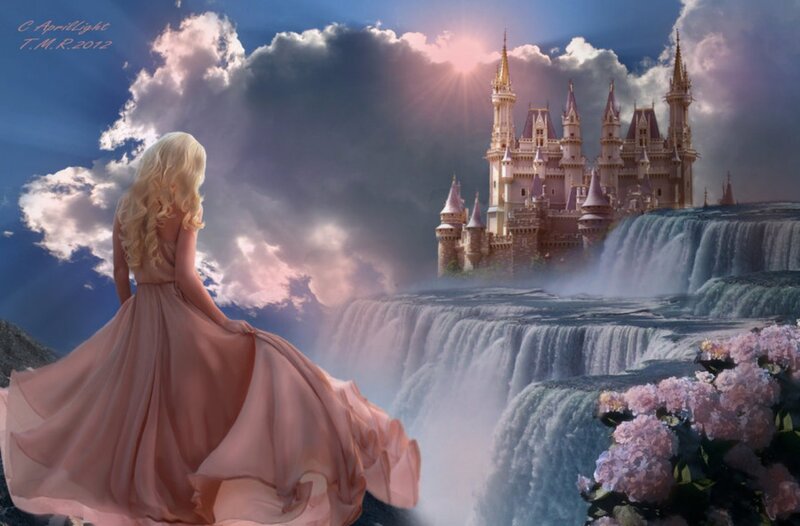 Woman in Pink Dress — Dramatic, Sunset, Digital Art, Castle