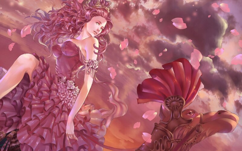 Woman in Pink Dress — Dramatic, Sunset, Digital Art, Flower Petals